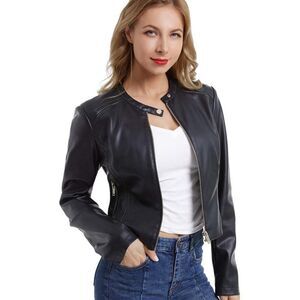 𝅺JUJ Ladies Faux Leather Coat, Black 047